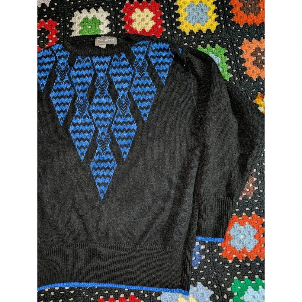 YarnWorks Sweater Blue Black Diamond Glitter Crewneck‎ Pullover Women's Large